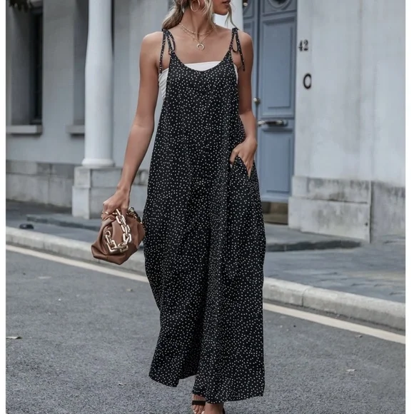 Tie Shoulder Polka Dot Black Wide Loose Fitting Jumpsuit - Picture 1 of 9
